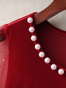 Franclia 优雅女士连衣裙，褶皱腰身，圆领，白色珍珠串珠，闪亮网纱袖，酒红色天鹅绒面料，适合新年、秋冬季及时尚派对穿着 - 酒紅色 - 查看 5