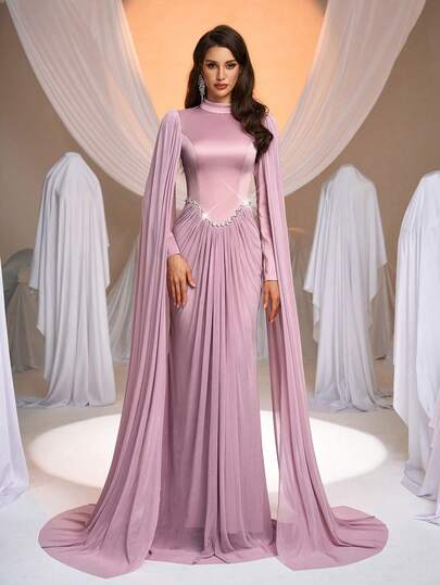 Aureia Elegant, Romantic, Fashionable, Dignified Pink Satin & Mesh Patchwork, Rhinestone Decor, Fishtail Hem Elegant Party Dress, Wedding Guest Dress, Pink Dress, Fashionable & Graceful Wedding Guest Formal Evening Gown