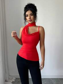 Elenzga Áo cánh cổ xếp ly bất đối xứng thanh lịch, eo nhún, đa năng cho thường ngày, tiệc tùng, nghỉ mát, thích hợp cho mùa xuân/hè, đám cưới, ngày lễ tình nhân, màu đỏ thời trang - Đỏ - Xem 3
