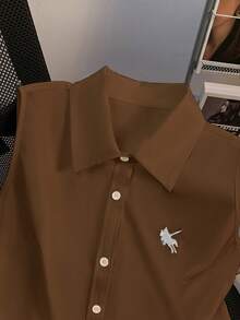 Lyxana Women's Solid Color Sleeveless Front Button Casual Shirt - Brown - View 3