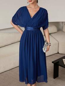 Modelyn Rochie lungă elegantă pentru femei, în culoare solidă, cu talie strânsă, potrivită pentru petreceri - Albastru marin - Vizualizare 2