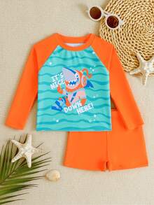 SHEIN 2件装婴儿/幼儿男童可爱鲨鱼印花弹力速干舒适针织泳衣，适合游泳、海滩、泳池、冲浪、度假、夏季 - 亮橙色 - 查看 3