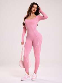 Sovereign Charm 女士无缝长袖露背性感连体裤 - 粉色 - 查看 6