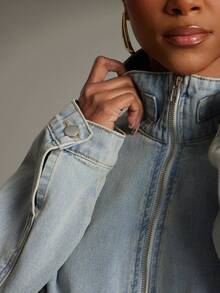 Denimoi Elastic Waist Toggle High Neck Zip Front Cropped Denim Jacket - Light Wash - View 6
