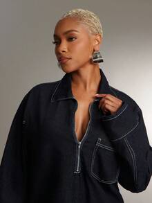 Denimoi 女士长袖拉链半开襟休闲口袋牛仔连衣裙 - 藍色 - 查看 4