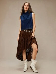 WESTFADE 高领无袖宽松牛仔上衣 - 深色水洗藍 - 查看 3