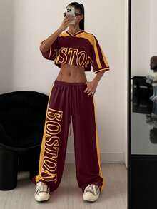 StreetHx Bộ 2 áo crop top + quần nỉ in họa tiết tương phản cho nữ - Nhiều màu - Xem 3