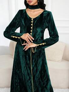 Al Najma 女士V领长袖纽扣设计优雅阿拉伯连衣裙 - 墨綠色 - 查看 1