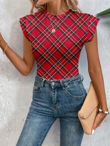 SHEIN LUNE Bộ áo liền thân nữ kẻ caro đỏ đen tối giản, phong cách thường ngày - Trang phục đi biển mùa xuân/hè cho kỳ nghỉ, tiệc tùng, lễ đón năm mới, phong cách preppy và những buổi đi chơi mùa xuân, thường ngày. - Nhiều màu - Xem 4