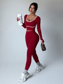 Dewbera Conjunto Esportivo Sem Costura Feminino, Top de Manga Longa com Listras Contrastantes e Legging Justa com Cintura Contrastante