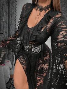 Whyspr Vestido de talla grande con cuello cuadrado y volantes en el bajo, vestido de talla grande de estilo punk casual, adecuado para primavera, verano y otoño, vestido de escote corazón, cuello cuadrado, manga abullonada, manga corta, transparente, sexy, encaje, volante en la cintura, a rayas, ajustado, línea A, patchwork, vestido maxi, estilo gótico - Negro - Ver 7