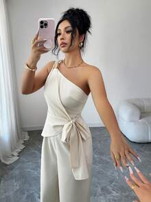 Elenzga Bộ đồ liền thân ống rộng không tay thắt nút bên hông màu trơn dành cho nữ - Màu Khaki - Xem 5