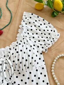 Soleia Women's Polka Dot Print Frill Trim Sweetheart Neck Raglan Sleeve Pleated Bodysuit - Multicolor - View 3