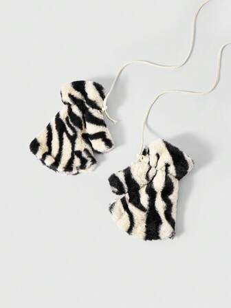 Goth 1 par de guantes sin dedos con estampado de cebra negro y peludo estilo Y2K, accesorio de moda minimalista adecuado para uso diario, fiestas, reuniones, otoño/invierno, unisex