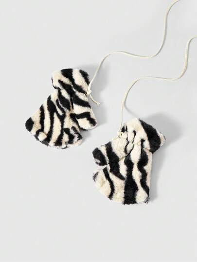 Goth 1 par de guantes sin dedos con estampado de cebra negro y peludo estilo Y2K, accesorio de moda minimalista adecuado para uso diario, fiestas, reuniones, otoño/invierno, unisex