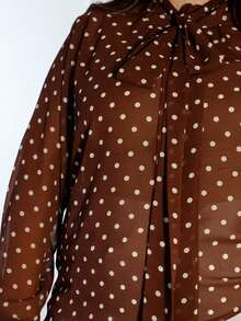 Pretty and Ole Plus Size Coffee Brown Polka Dot Chiffon Blouse, Autumn/Winter Brown Blouses Curvy Blouses Plus Size Western Outfits 70s Outfit Plus Size Chocolate Brown Top - Coffee Brown - View 3