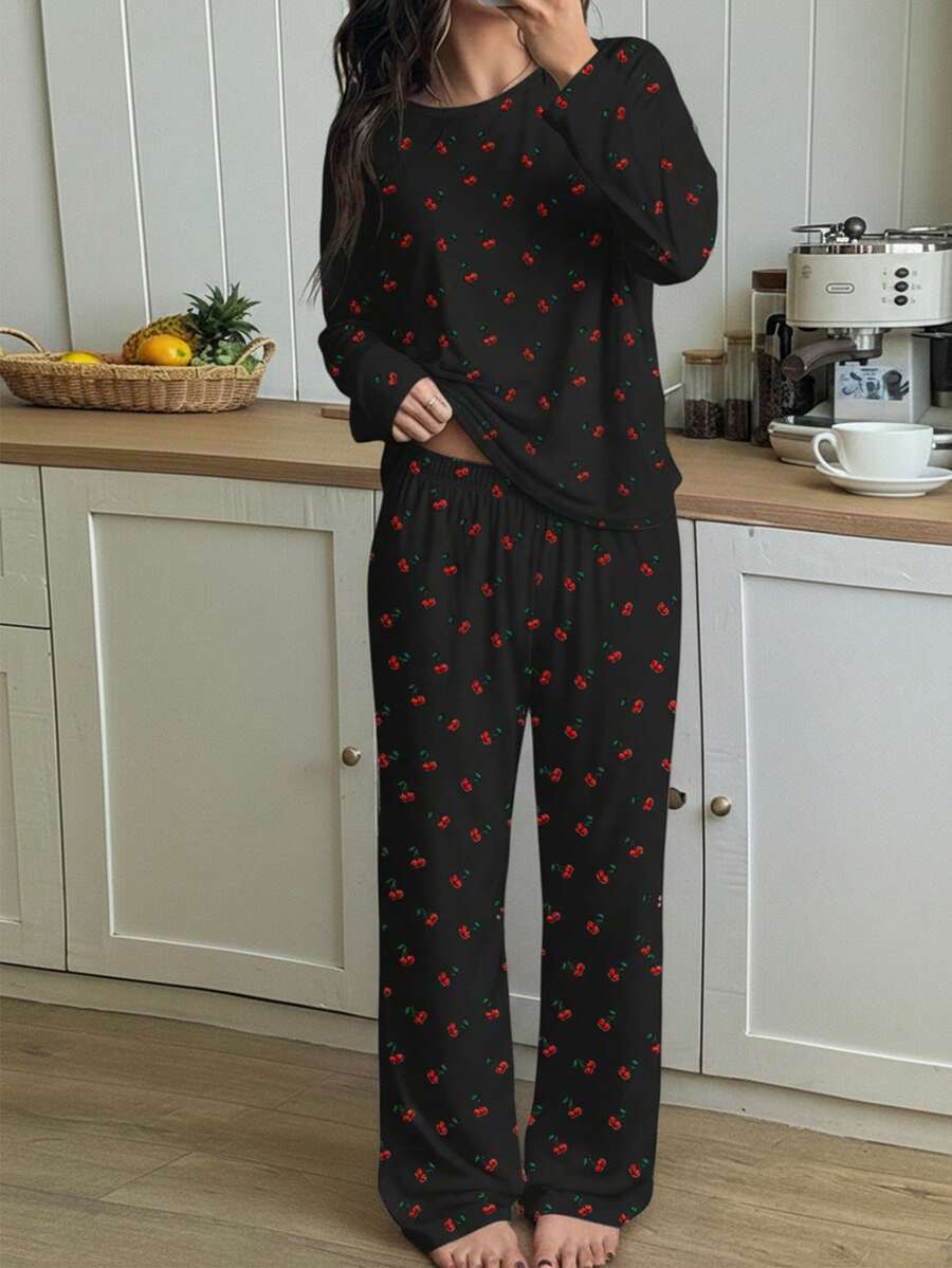 少女樱桃印花圆领长袖上衣搭配松紧腰裤，时尚休闲家居服套装，秋冬款 - 彩色 - 查看 1