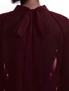 LYSMO Women's Solid Color Keyhole Neck Flare Sleeve Ruffle Trim Fashion Blouse - Burgundy - View 8