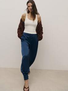 Nöista Satin Navy Balloon Trousers Pants Fwith A High Waist With Darts, Front Pockets, And A Blouson Leg Finished With Pleated, Cuffed Hems. Front Zip Fastening. Spring, Summer, Woman. - Royal Blue - View 4