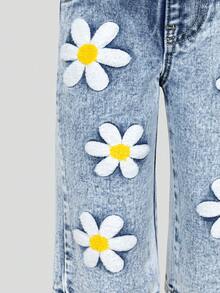 Quần Jeans Denim Cho Bé Gái, Dáng Rộng, Ống Rộng, Chất Liệu Denim Cotton Thoải Mái, Thêu Hoa, Đa Năng Cho Mặc Hàng Ngày, Thu/Đông - Rửa nhẹ - Xem 3