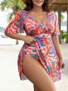 Swim Lushoire 大码女式热带植物印花荷叶袖泳衣连衣裙，配三角泳裤 - 彩色 - 查看 1