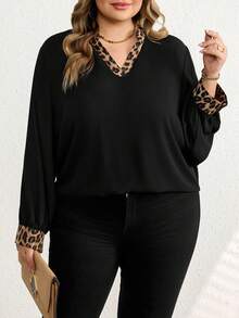 SHEIN CURVE+ Áo kiểu tay phồng họa tiết da báo tương phản/2026/Bữa tiệc trưa mùa hè năm mới - màu đen - Xem 6