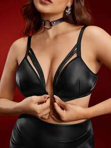 EmpressEnvy Y2K 前扣式褶皱绑带装饰 PU 拼接性感大码文胸 & 无钢圈文胸 - 黑色 - 查看 1