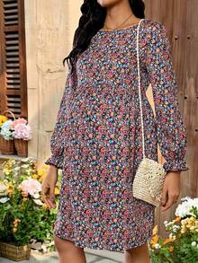 SHEIN 秋季孕妇碎花圆领灯笼袖连衣裙 - 棕色 - 查看 4