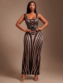 SHEIN SXY Abito elegante e sexy aderente da donna taglie forti, con motivo a stampa zebrato che valorizza le curve, abito senza schiena, adatto per uscite quotidiane, appuntamenti, feste, compleanni - Albicocca - Visualizzare 2