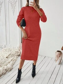 SHEIN LUNE 女士纯色休闲直筒简约针织连衣裙 - 紅色 - 查看 5