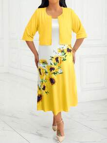 SHEIN EMERY ROSE CURVE 2pcs V-Neck Sleeveless Dress & Short Sleeve Open Front Cardigan Set - Yellow - View 6