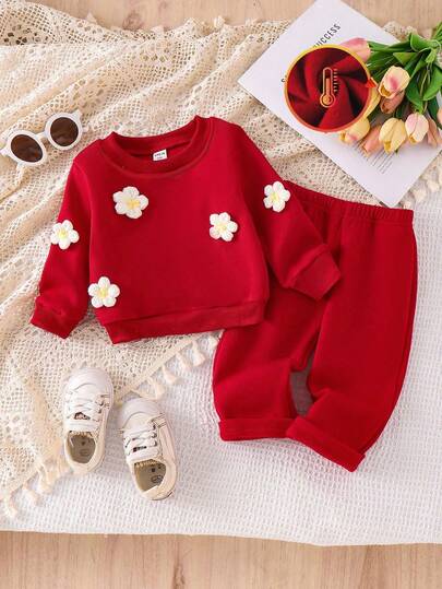 Conjunto de bebé niña de unicolor con forro polar grueso, blusa de cuello redondo de manga larga con aplicación floral + pantalones rectos de forro polar, otoño/invierno