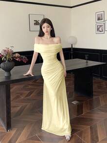 Modelyn Women's Off Shoulder Ruched Waist Elegant Wedding/Party Dress Off Shoulder Dress Pale Yellow Dress Elegant Dress - Light Yellow - View 6