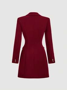 SHEIN MOD Women's Notched Collar Single-Breasted Waist Fitted Office Commute Dress - Burgundy - View 2