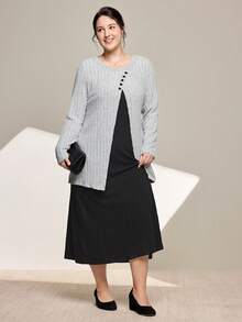 Momelise 大码女式撞色罗纹休闲圆领长袖连衣裙，适合派对和度假穿着 - 彩色 - 查看 6