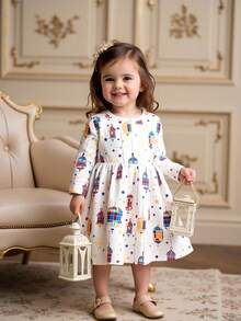 SHEIN Abito elegante e comodo da bambina con stampa di lanterne in stile mediorientale, adatto per l'autunno e le vacanze, manica lunga - Bianco - Visualizzare 9