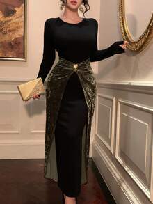 DAZY Elegante abito midi in velluto nero con fibbia colore a blocchi nero e verde, adatto per Capodanno, Natale, matrimonio, festa, occasioni formali. Abito aderente e scintillante da donna per il carnevale. - nero - Visualizzare 2