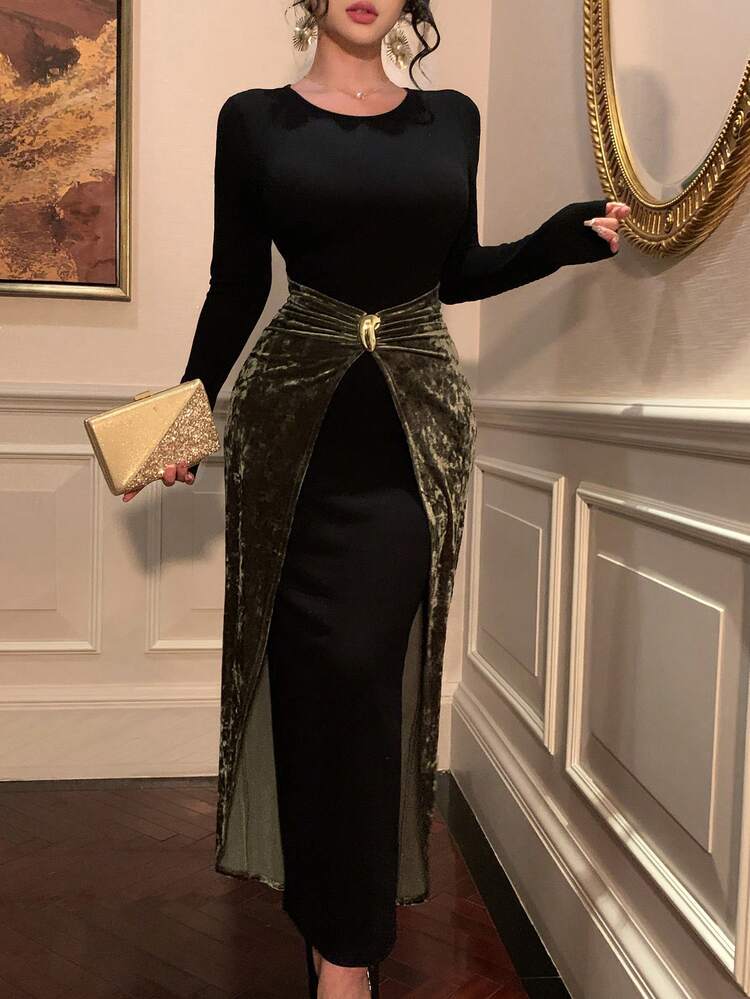 Elegant Black Velvet Metal Buckle Decor Shiny Black & Green Color Block Splice Dress, Suitable For New Year, Christmas, Wedding, Party, Formal Occasion, Fashion Fitted Midi Dress For Women Carnival Sparkly Dress