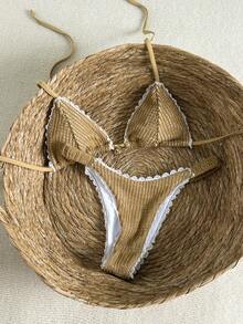 Swim Mod Conjunto de bikini con triángulo de tela con textura de trigo beige para vacaciones de verano en la playa - Multicolor - Ver 4