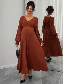 SHEIN Maternity Elegant V-Neck Solid Long Sleeve Ruffle Hem Midi Dress, Spring/Autumn - Coffee Brown - View 7