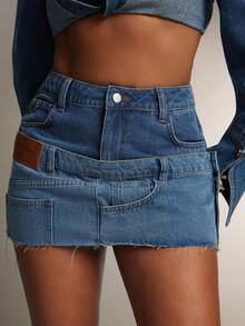 Denimoi Stacked Waist Low Rise Raw Hem Denim Micro Mini Skirt - Blue - View 1