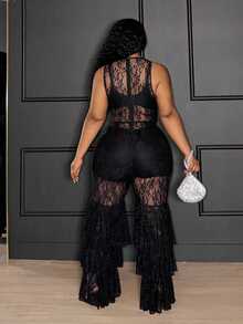 Slaydiva 优雅性感/浪漫黑色大码女式蕾丝网纱拼接荷叶边修身连体裤，适合节日、新年、情人节穿着。 - 黑色 - 查看 3