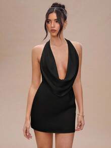 SHEIN BAE Váy ngắn satin hở lưng gợi cảm cổ xếp nếp màu vàng trơn mùa cưới dành cho nữ - màu đen - Xem 6