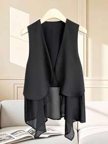 Franclia 新款女士休闲不对称下摆无袖V领中长款开衫背心拼接上衣