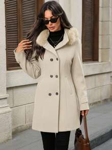 EMERY ROSE Abrigo con capucha de doble botonadura y bolsillos de unicolor para mujer, versátil y de moda - Albaricoque - Ver 6