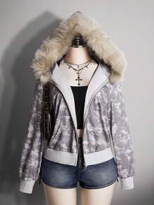SHEIN ICON Áo nỉ rộng cổ lông họa tiết rằn ri cỡ lớn cho nữ - Xám - Xem 1