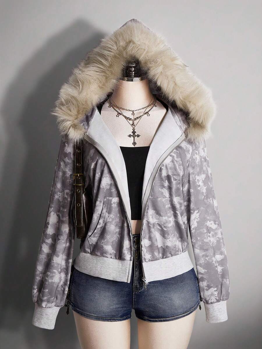 SHEIN ICON Áo nỉ rộng cổ lông họa tiết rằn ri cỡ lớn cho nữ - Xám - Xem 1