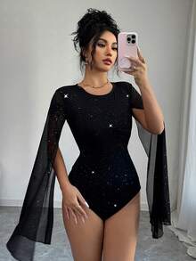 SHEIN Elenzya Elenzga Women's Sequin Print Glamorous Stand Collar Lantern Sleeve Sequin Bodysuit - Black - View 4