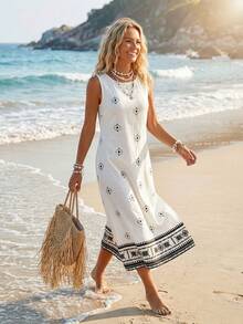 EMERY ROSE Vestido holgado casual de escote redondo con estampado floral para vacaciones de mujer