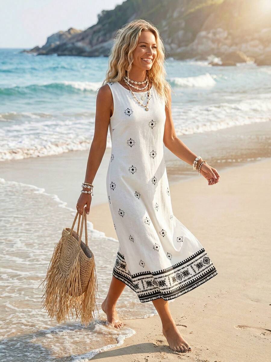 EMERY ROSE Vestido holgado casual de escote redondo con estampado floral para vacaciones de mujer